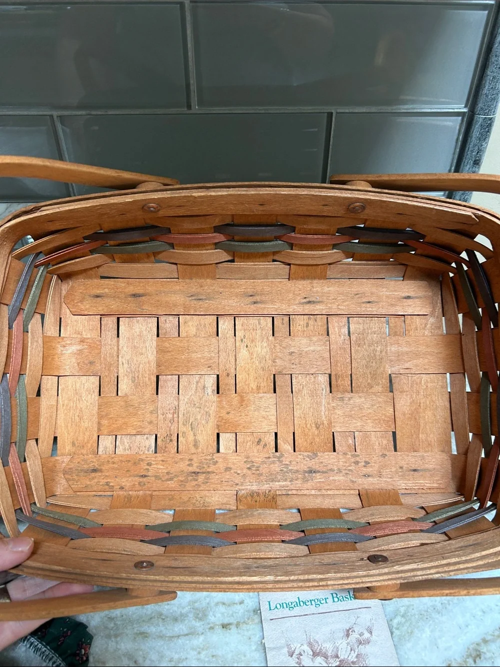 Longaberger 1997 Double Handle  Small Gathering Basket &Green Floral Lining 14”